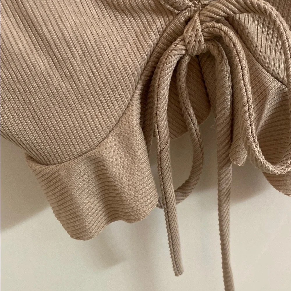 Tan Ribbed Crop Top with Ruffle Sleeves - Picture 6 of 11